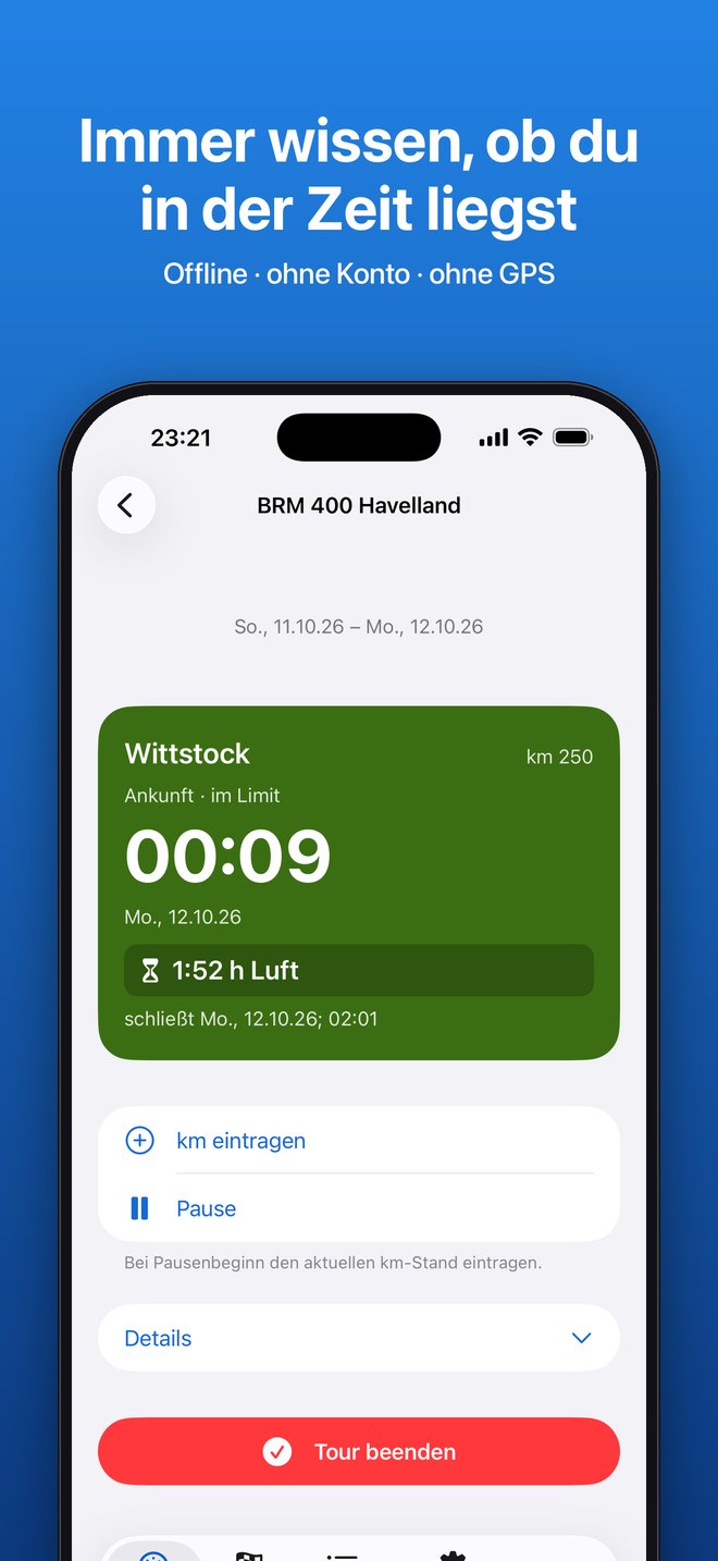 Start: nächster Kontrollpunkt mit Ankunftszeit und Puffer