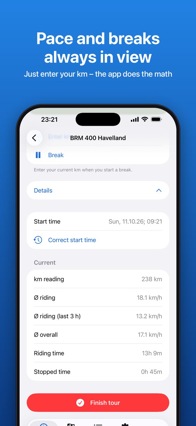 Details: pace, riding time and stopped time